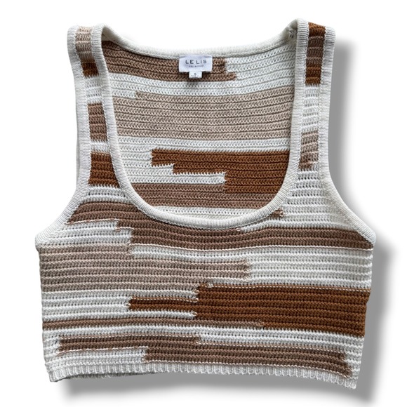 Le Lis Collection Tops - Le Lis Collection Women's S Tan Brown Abstract Stripe Crochet Knit Crop Tank Top